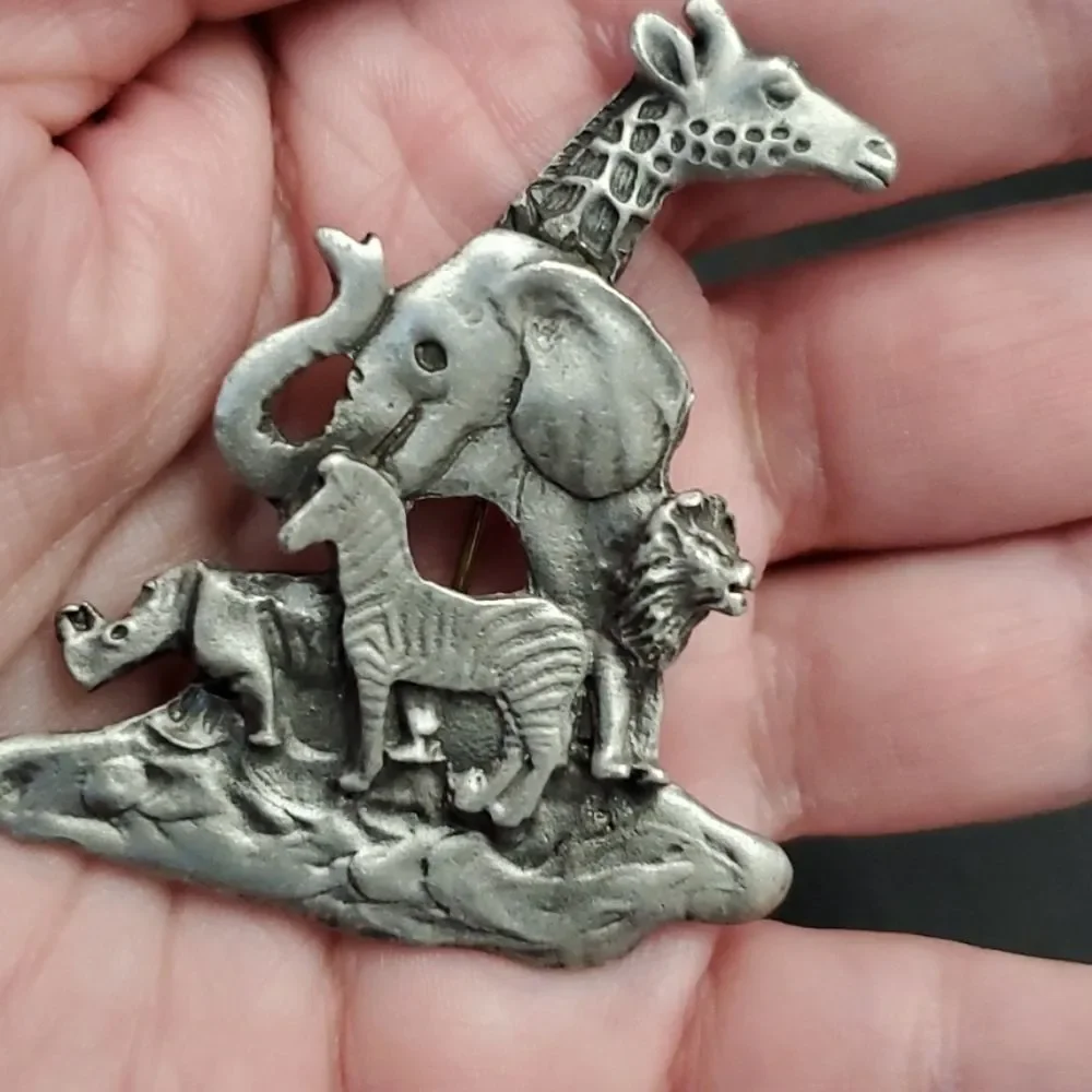 NRJG vintage giraffe zebra lion brooch silver tone
